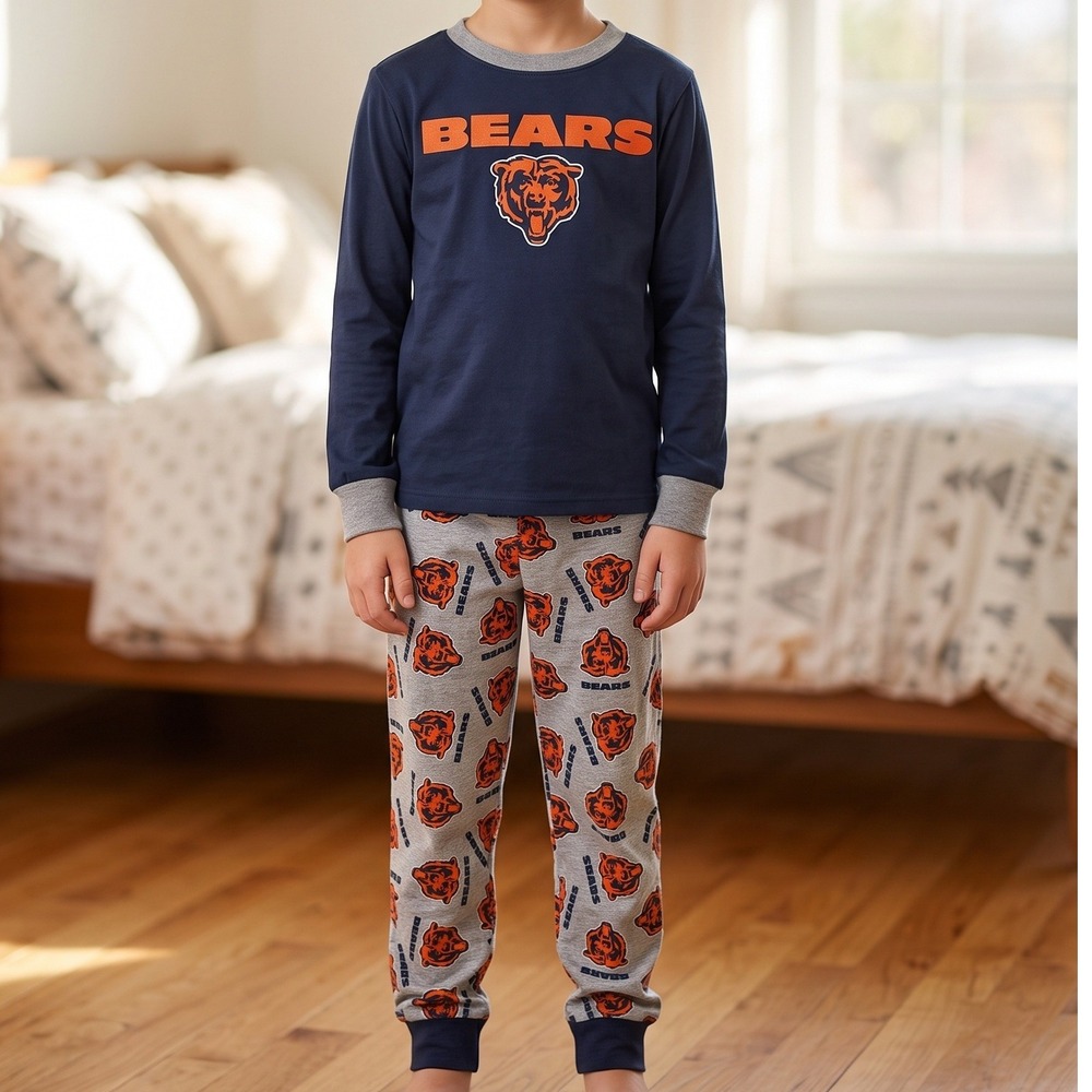 NFL Team Apparel Chicago Bears Youth 2-Piece Pajama Set Navy Orange Grey M